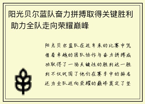 阳光贝尔蓝队奋力拼搏取得关键胜利 助力全队走向荣耀巅峰